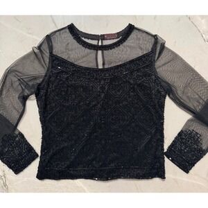 Marina by Marina Rinaldi Black Beaded Sequin Sheer Mesh Evening Blouse Sz 8 VTG
